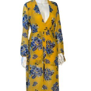 Discovery Women's Gown Sleeping Romper Dress Floral Wrap Long Sleeve Yellow SZ M